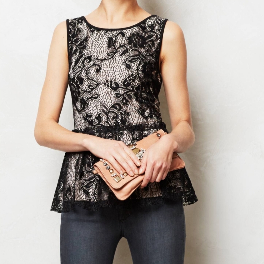 Anthropologie Black Lace Sleeveless Peplum Top